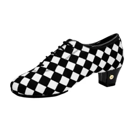 ABA.L011FC WOMEN BLACK AND WHITE TARTAN DESIGN SALSA TEACHING DANCESHOES