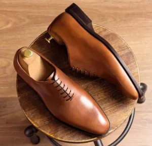 Handmade wholecut dress shoes, men leather formal office shoes, tan laces shoes Mrn's