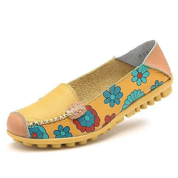 Floral Print Color Matching Soft Comfortable Slip On Flat Shoes