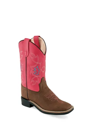 Old West Brown/Pink Children Girls Faux Leather Cowboy Boots 9.5D