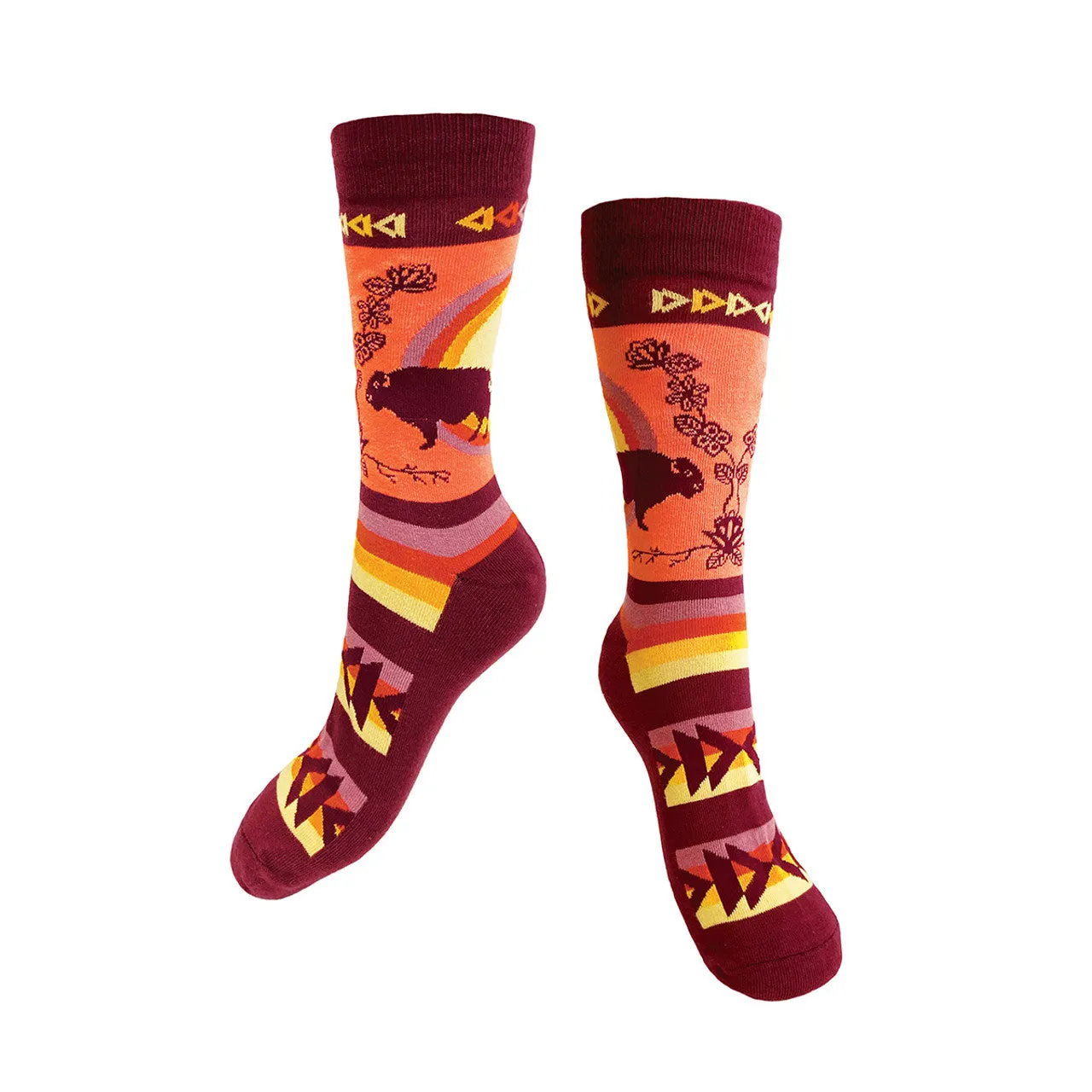 "Buffaloes (MashkodeBiizhikina)" Socks with Artwork by Ojibwe Native artist Storm Angeconeb